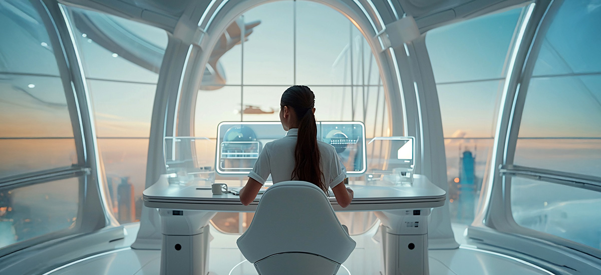 A woman looking a holographic screen inside a futuristic room