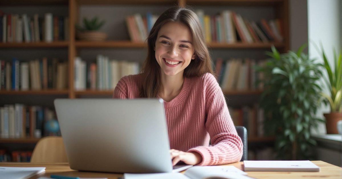 A young woman looking her laptop and smiling inside a study room